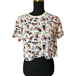 Disney Mickey Mouse Jerry Leigh White All Over Print Cropped Shirt Size Medium